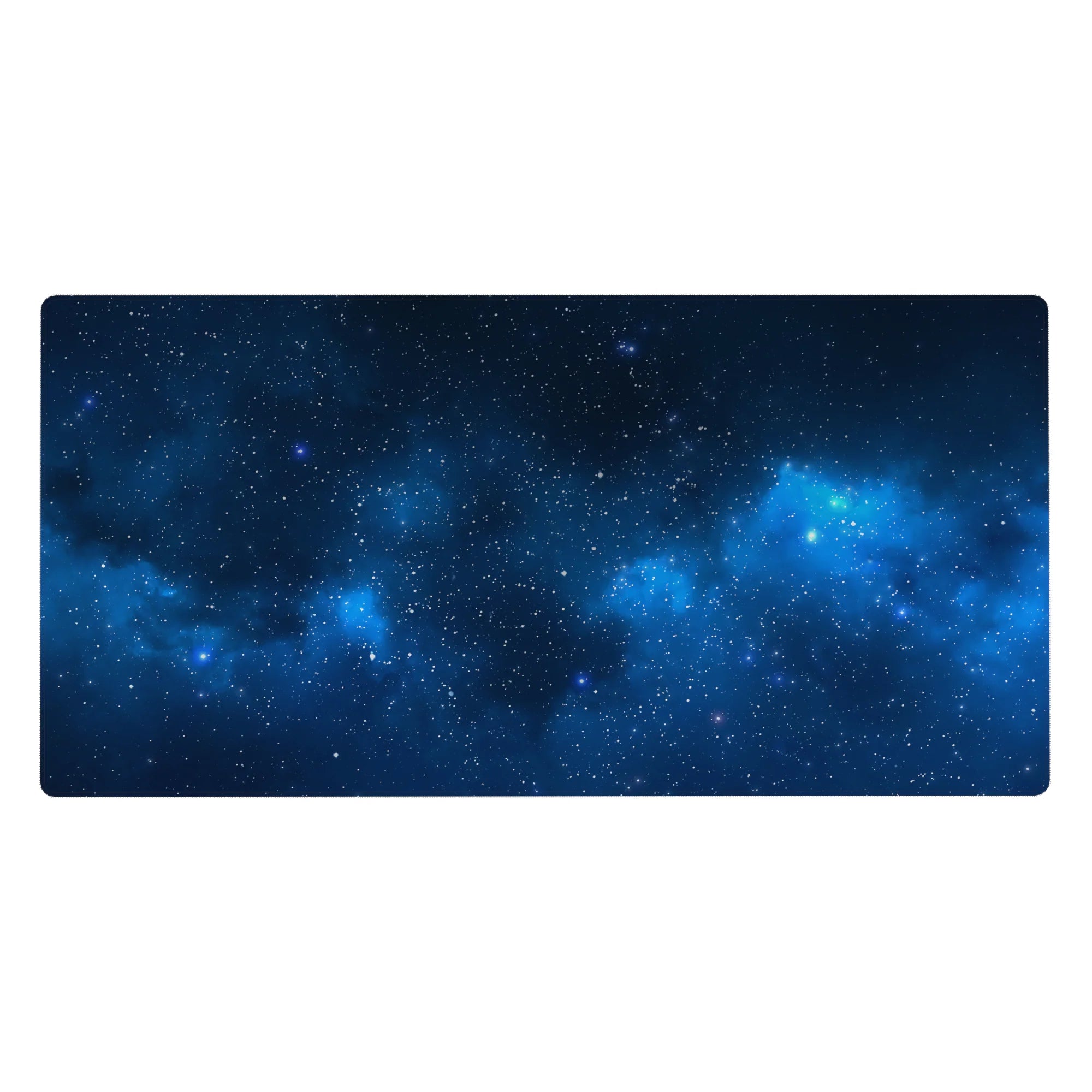 Midnight galaxy desk pad 40x20 inches with scattered stars, nebula bursts, and smooth space gradients.