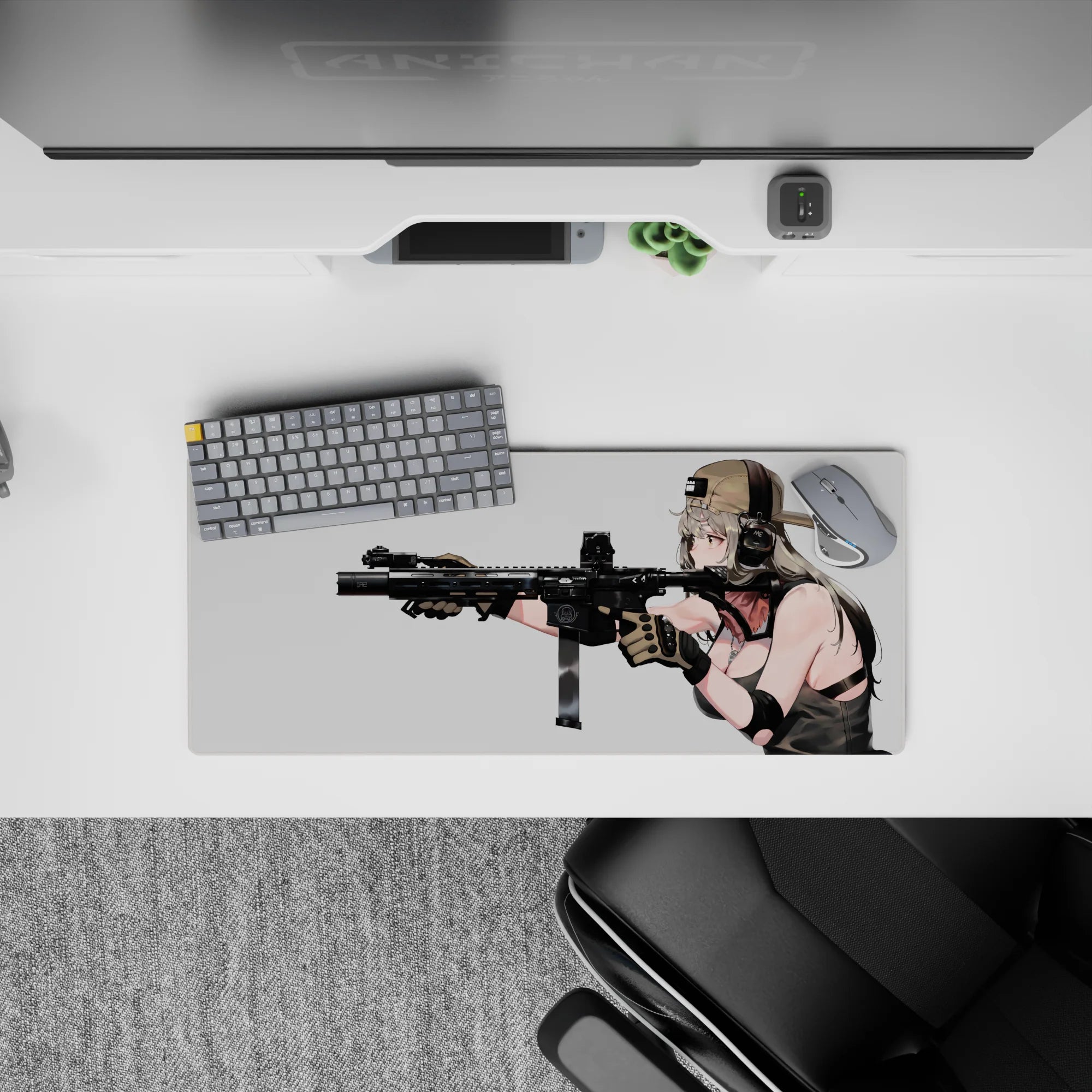 28x12 inches anime girl mouse pad in soft silver hair, warm blush tones, and clean minimalist modern feel.