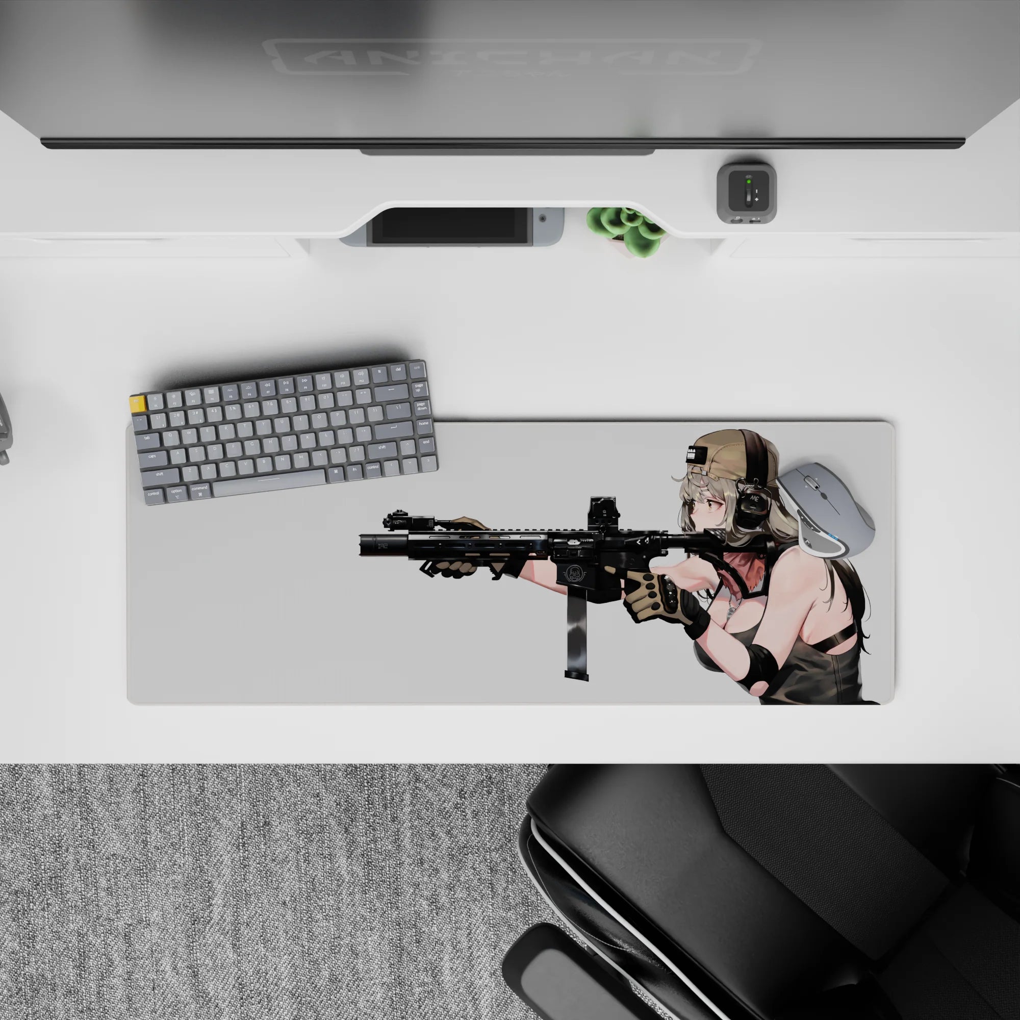Soft silver-haired anime girl mouse pad 32x12 inches, warm blush tones, calm focus, modern minimal backdrop.