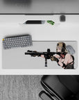 Soft silver-haired anime girl mouse pad 32x12 inches, warm blush tones, calm focus, modern minimal backdrop.