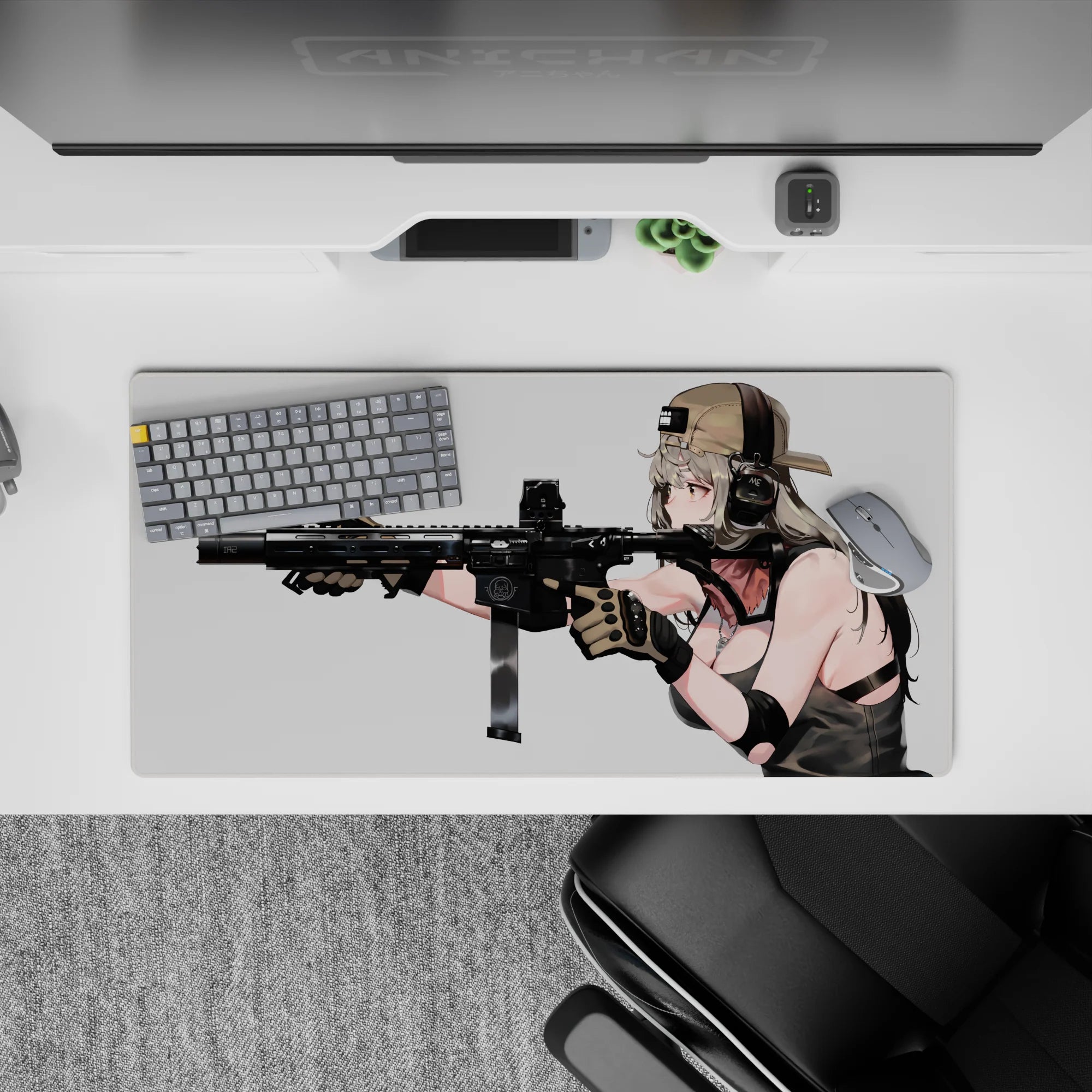 Silver-haired anime girl mouse pad 32x16 inches, warm blush tones, calm focused mood, dark gear contrast.