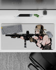 Silver-haired anime girl mouse pad 32x16 inches, warm blush tones, calm focused mood, dark gear contrast.