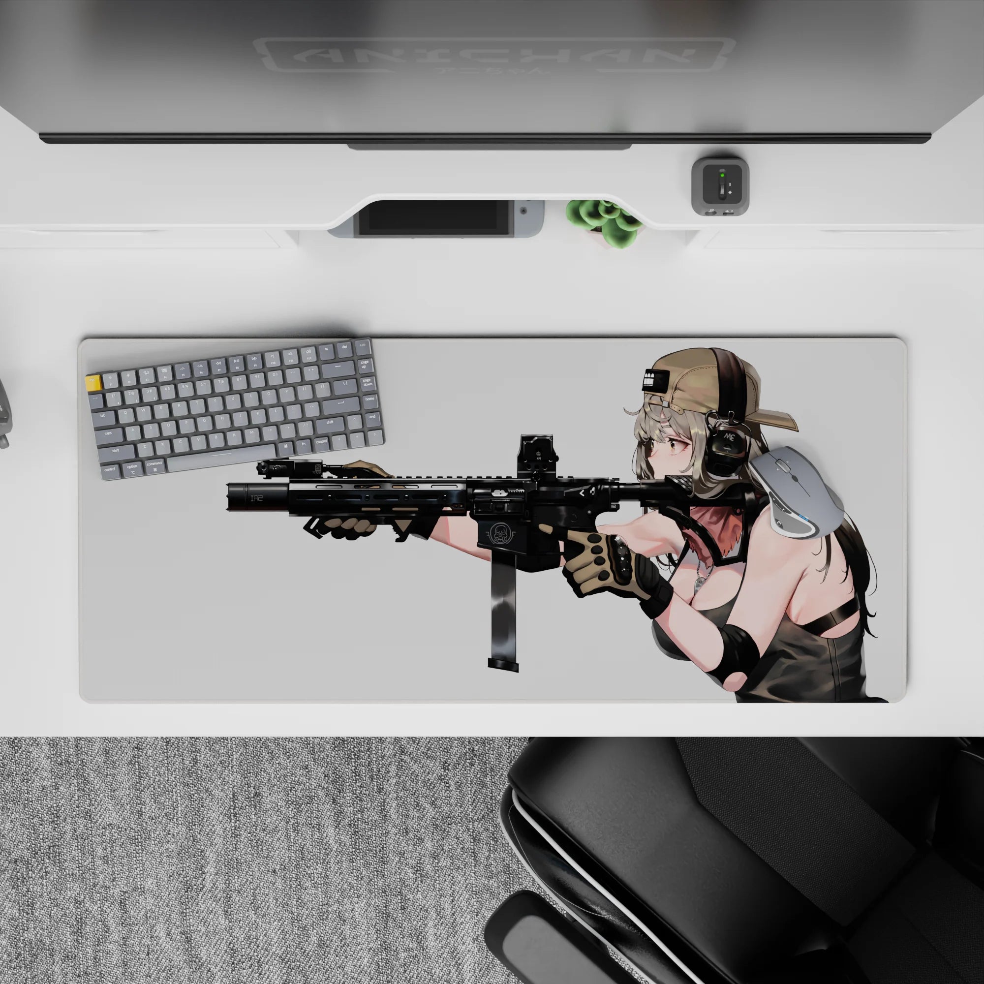 36x16 inches anime desk pad in soft silver hair tones and warm blush, with dark tactical gear contrast.