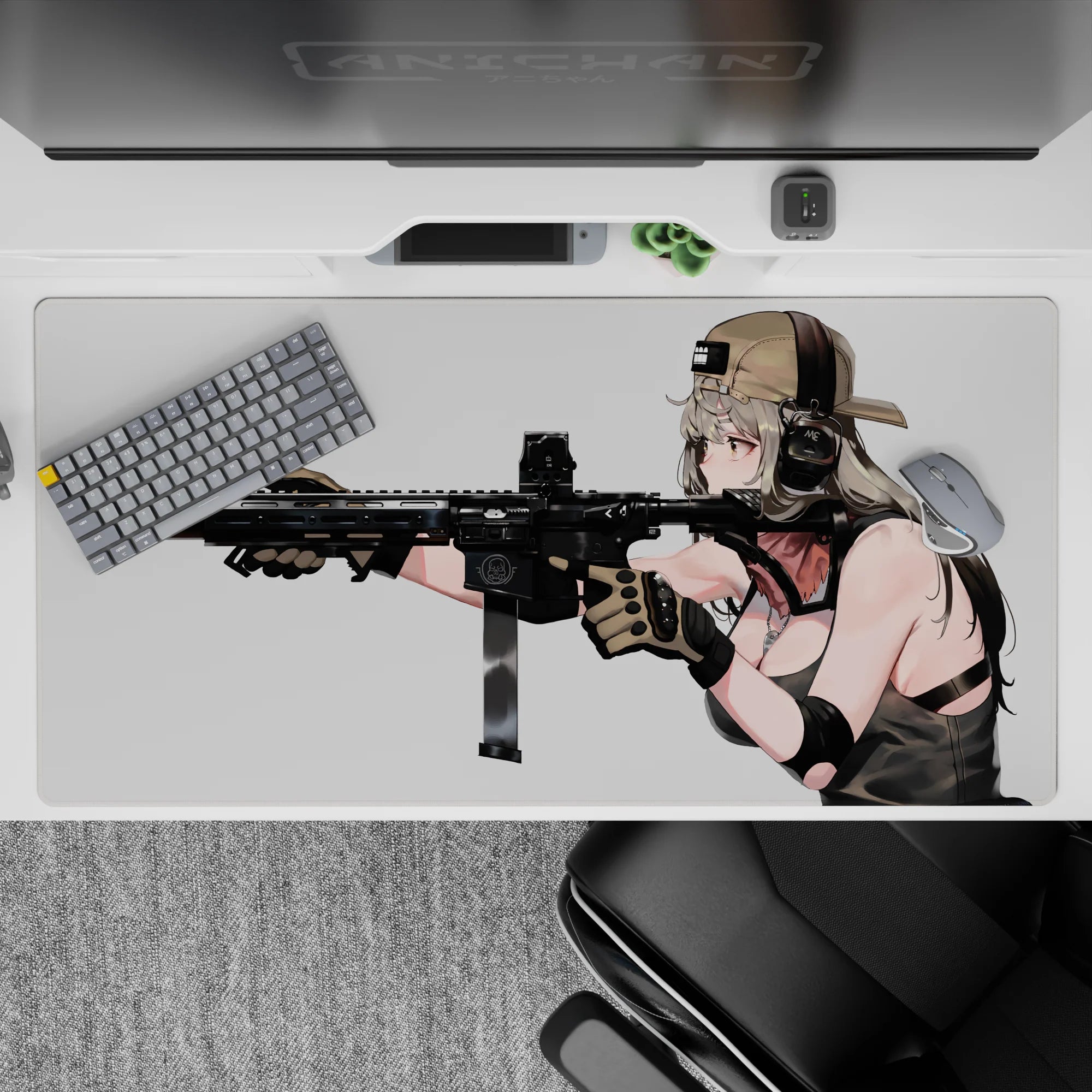 40x20 inches anime girl mouse pad in soft silver and warm blush tones, calm focused vibe, dark gear contrast.