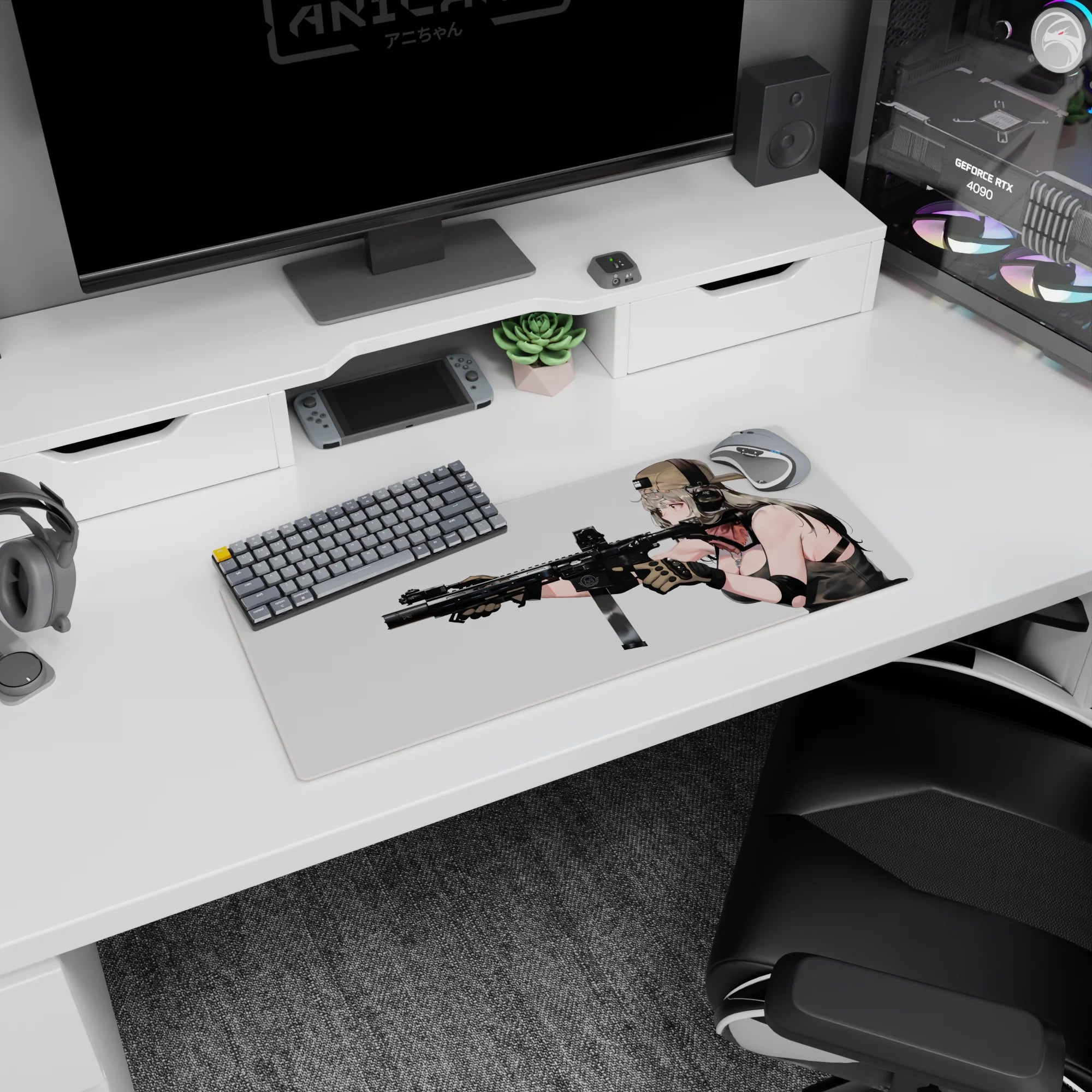 28x12 inches anime girl mouse pad showing calm-focused girl in cap and headset aiming a black rifle, gloved hands.