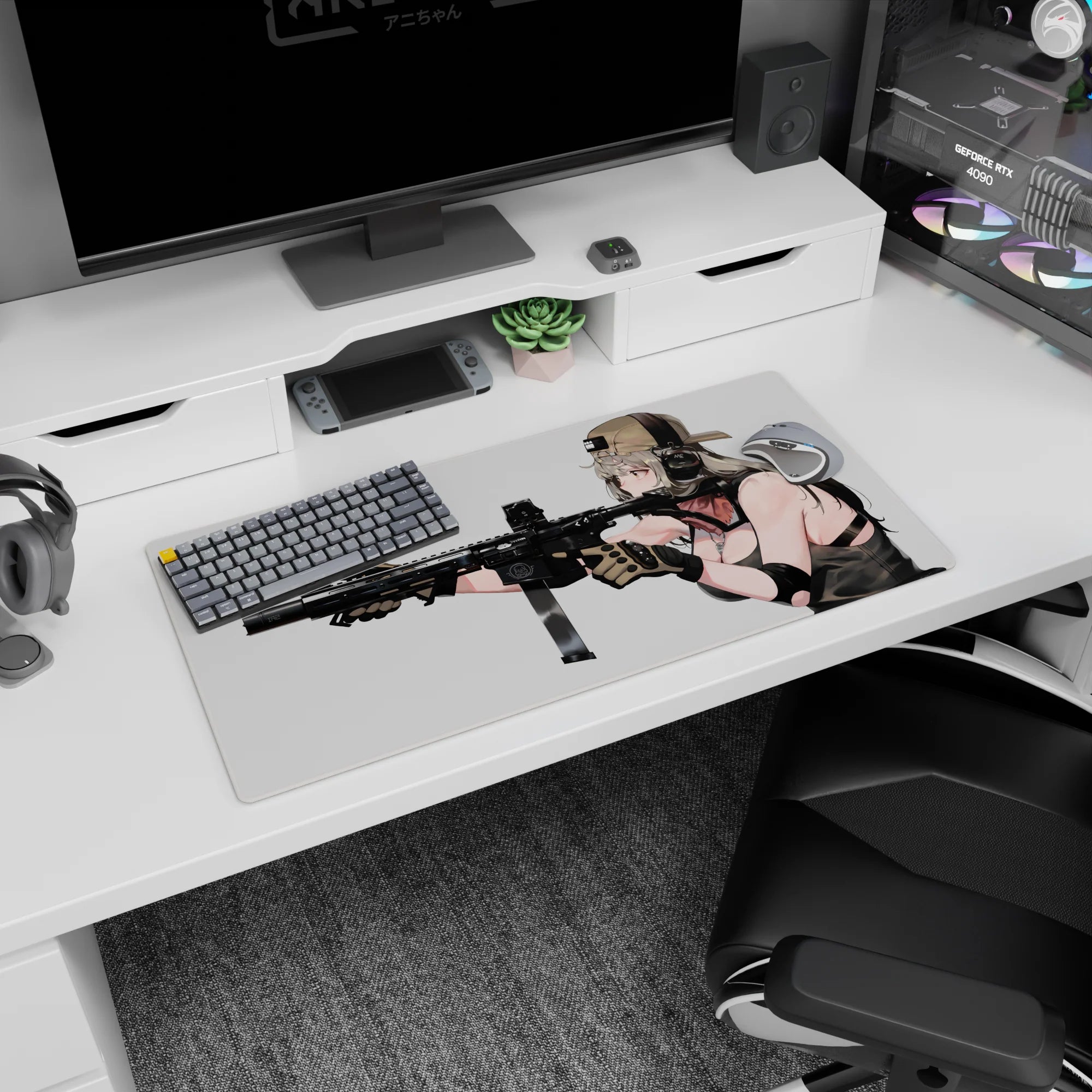32x16 inches anime girl mouse pad featuring a cool shooter girl in cap and headset aiming a black rifle.