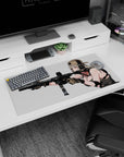 32x16 inches anime girl mouse pad featuring a cool shooter girl in cap and headset aiming a black rifle.
