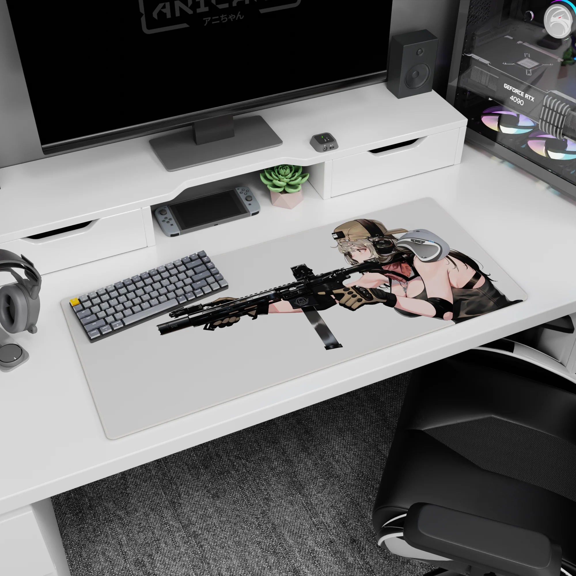 36x16 inches extended mouse pad showing a calm anime girl aiming a sleek black rifle, headset on.