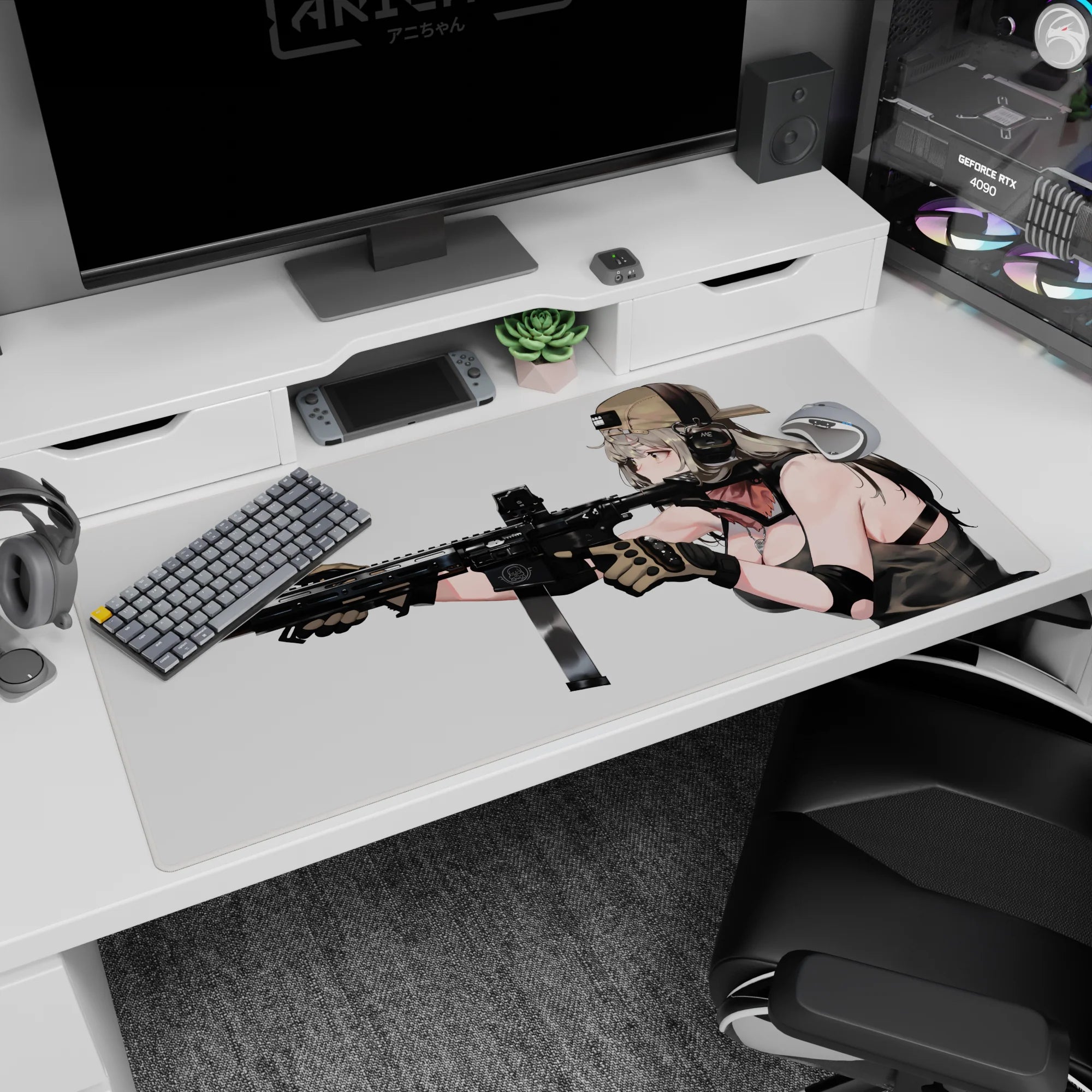 40x20 inches desk pad showing a silver-haired anime girl in cap and headset aiming a sleek black rifle.