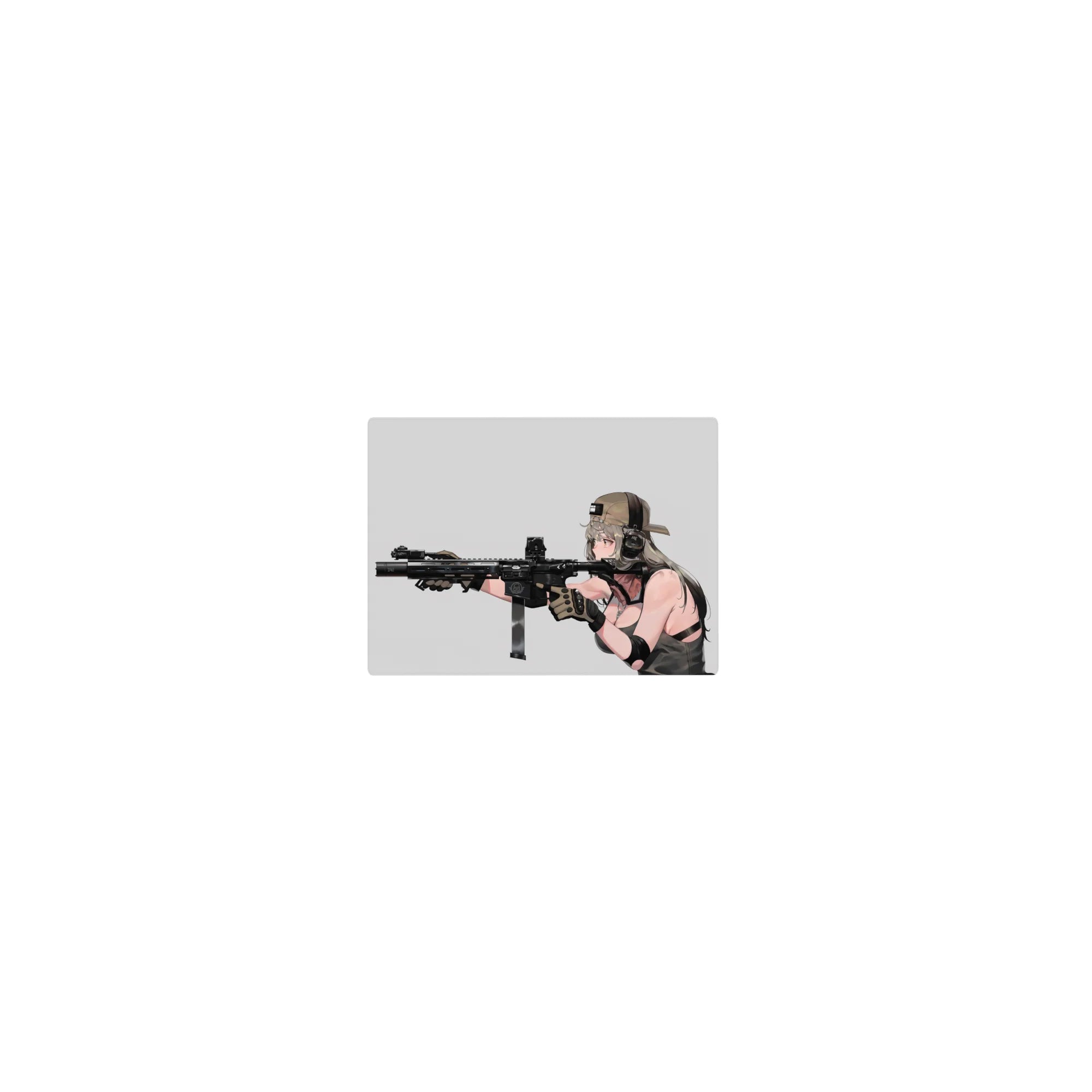 Classic anime girl mouse pad 14x10 inches with tan cap, chunky headset, and sleek black rifle on pale backdrop.