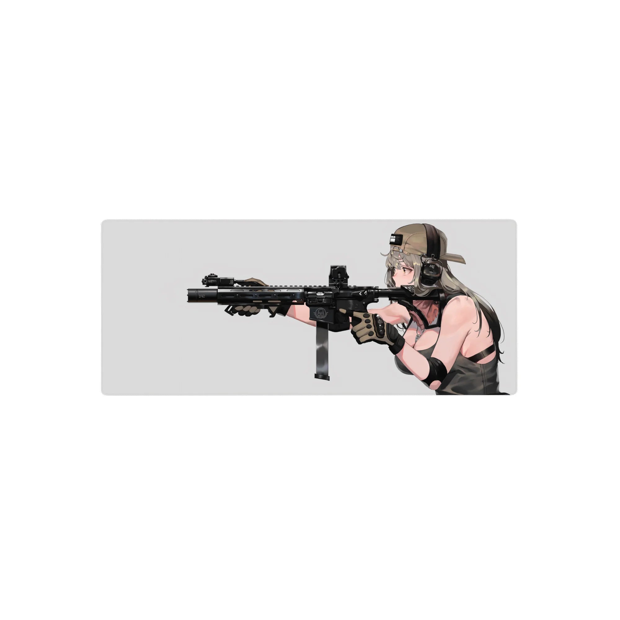 28x12 inches anime girl mouse pad with tan cap, chunky headset, and sleek black rifle on a pale backdrop.