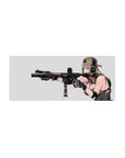 28x12 inches anime girl mouse pad with tan cap, chunky headset, and sleek black rifle on a pale backdrop.