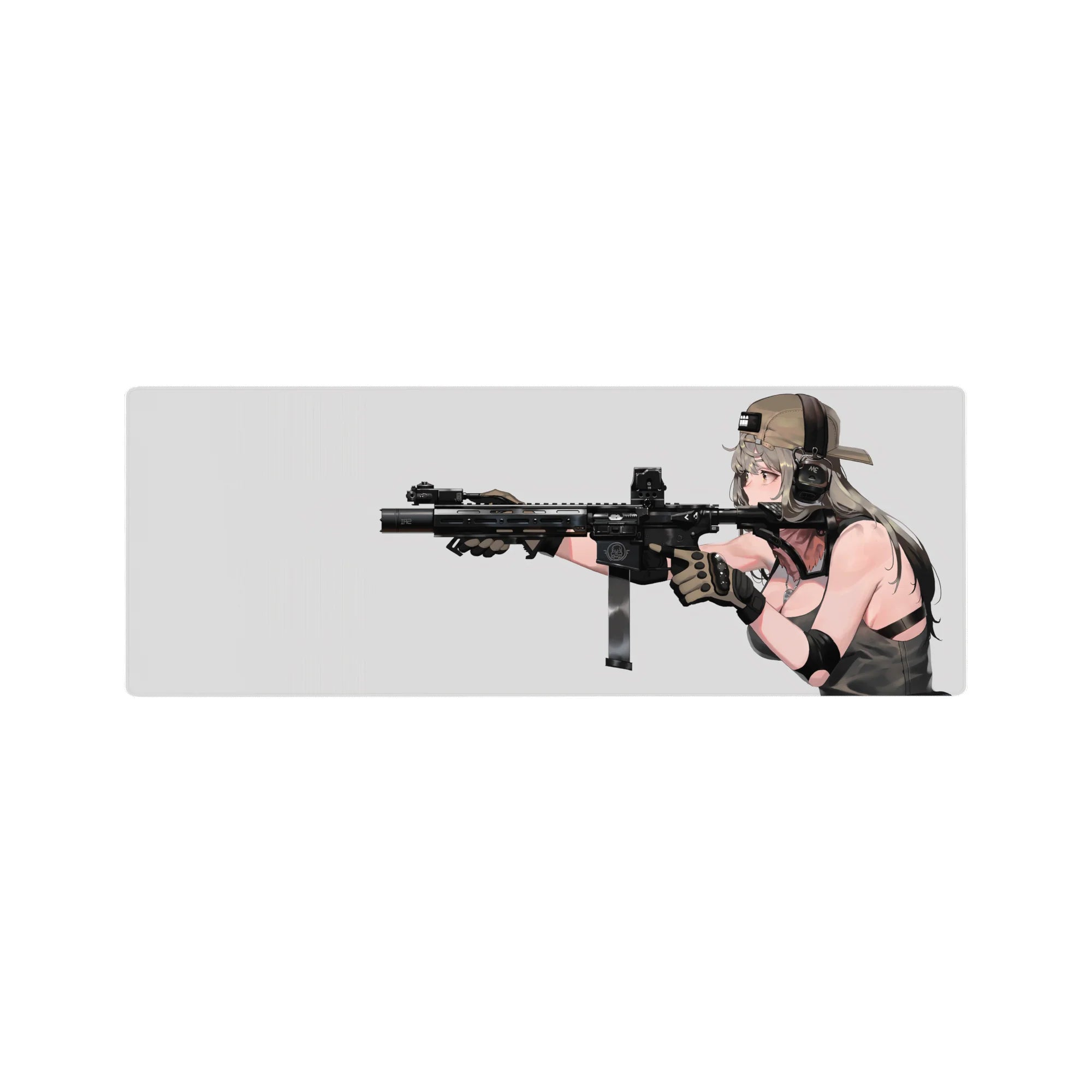Anime girl mouse pad 32x12 inches with tan cap, chunky headset, and sleek black rifle on pale background.