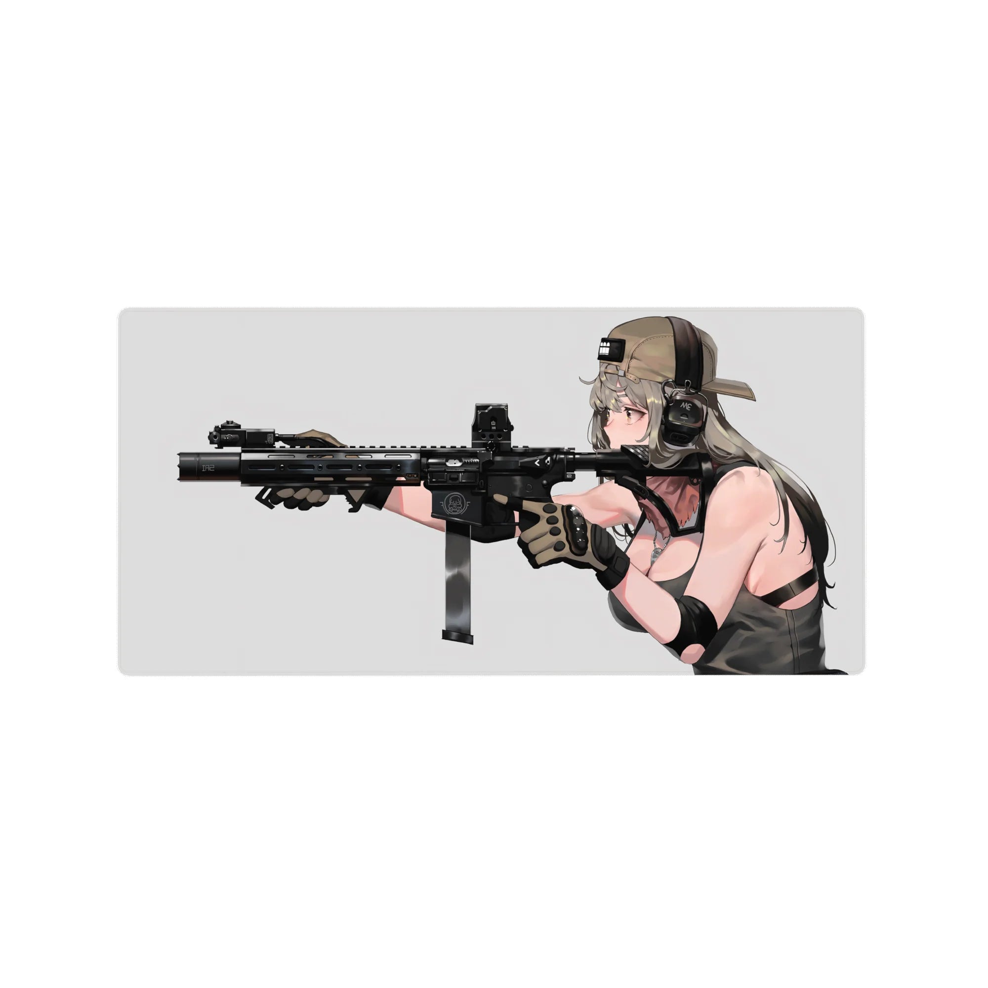 Anime girl mouse pad 32x16 inches with tan cap, chunky headset, and sleek black rifle on pale background.