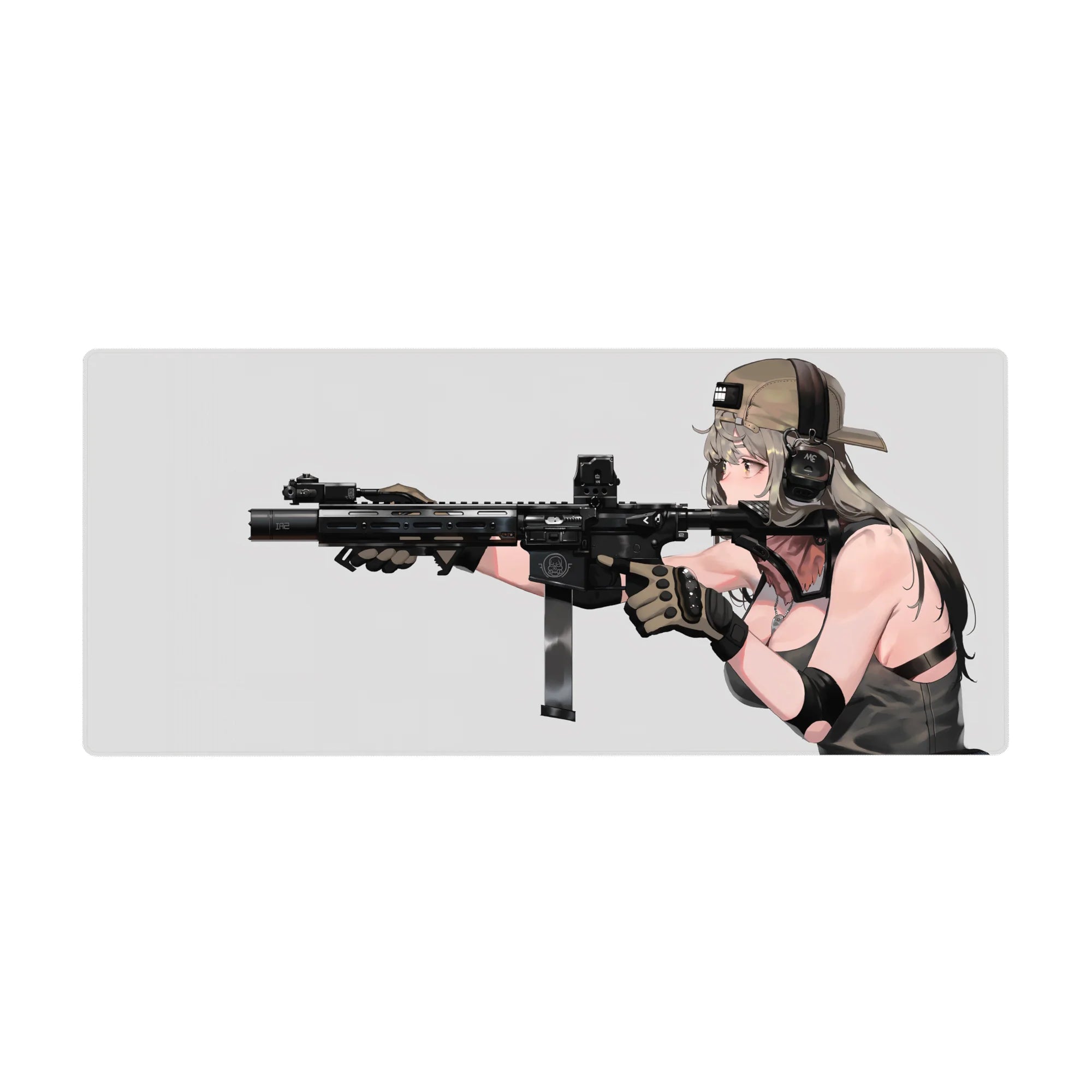 36x16 inches anime girl desk pad with tan cap, chunky headset, and black rifle on a clean pale backdrop.