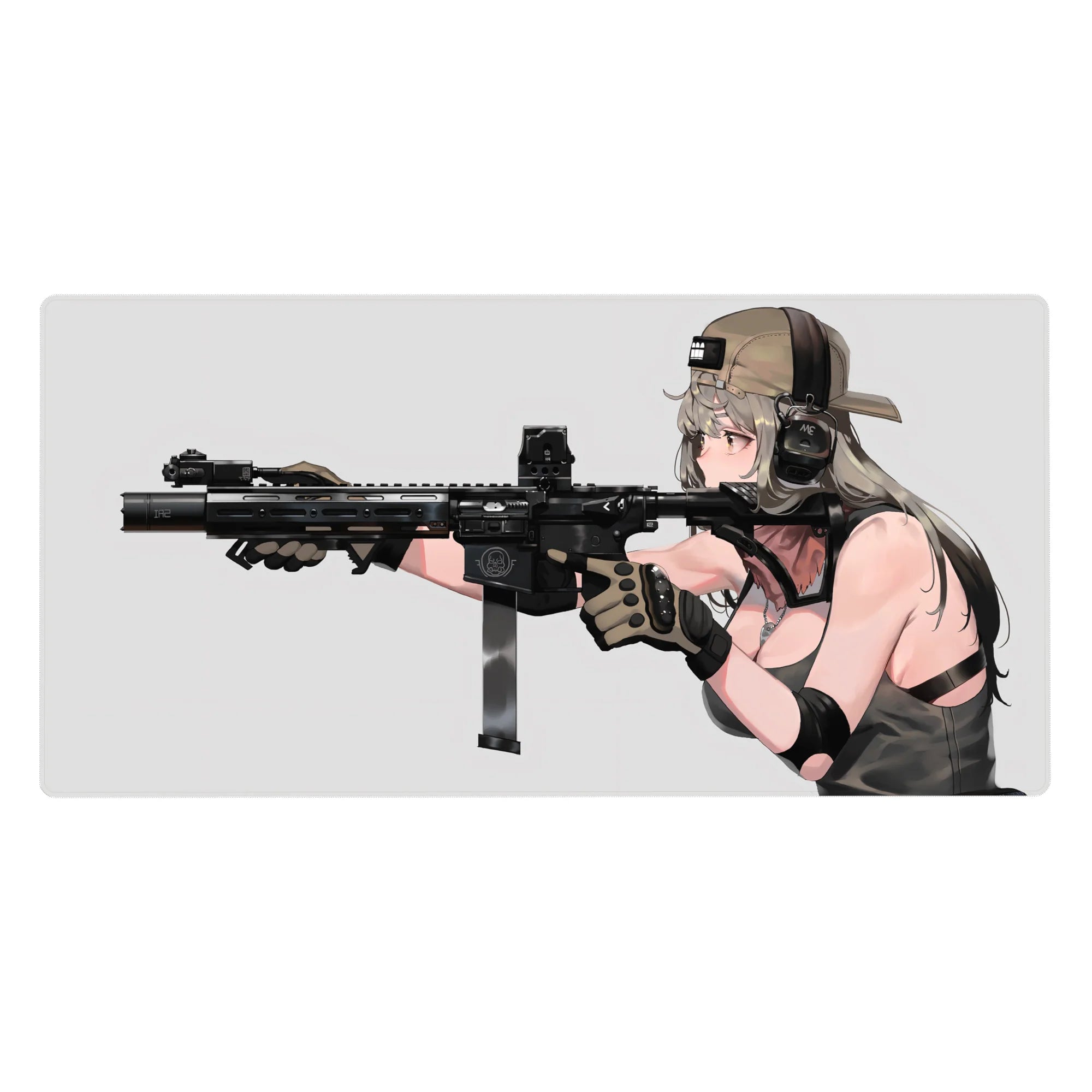 40x20 inches anime girl desk pad with tan cap, chunky headset, black rifle, clean pale background.