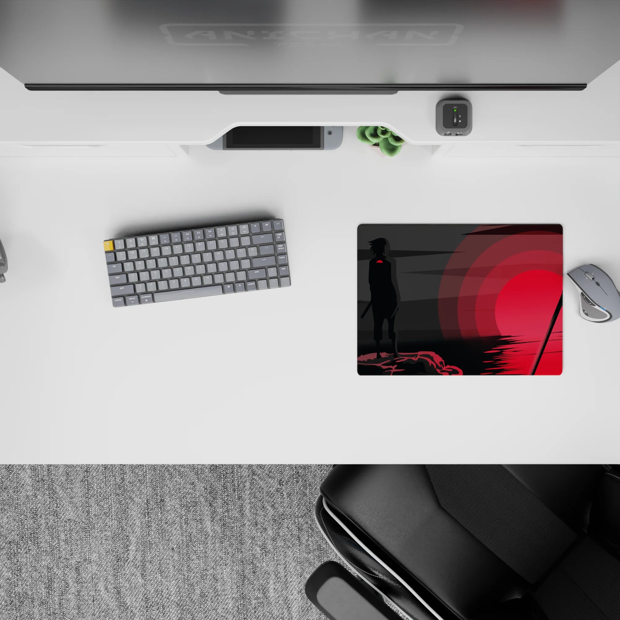 14x10 inches classic anime mouse pad in smoky blacks and deep grays with a deep red glow, moody style.
