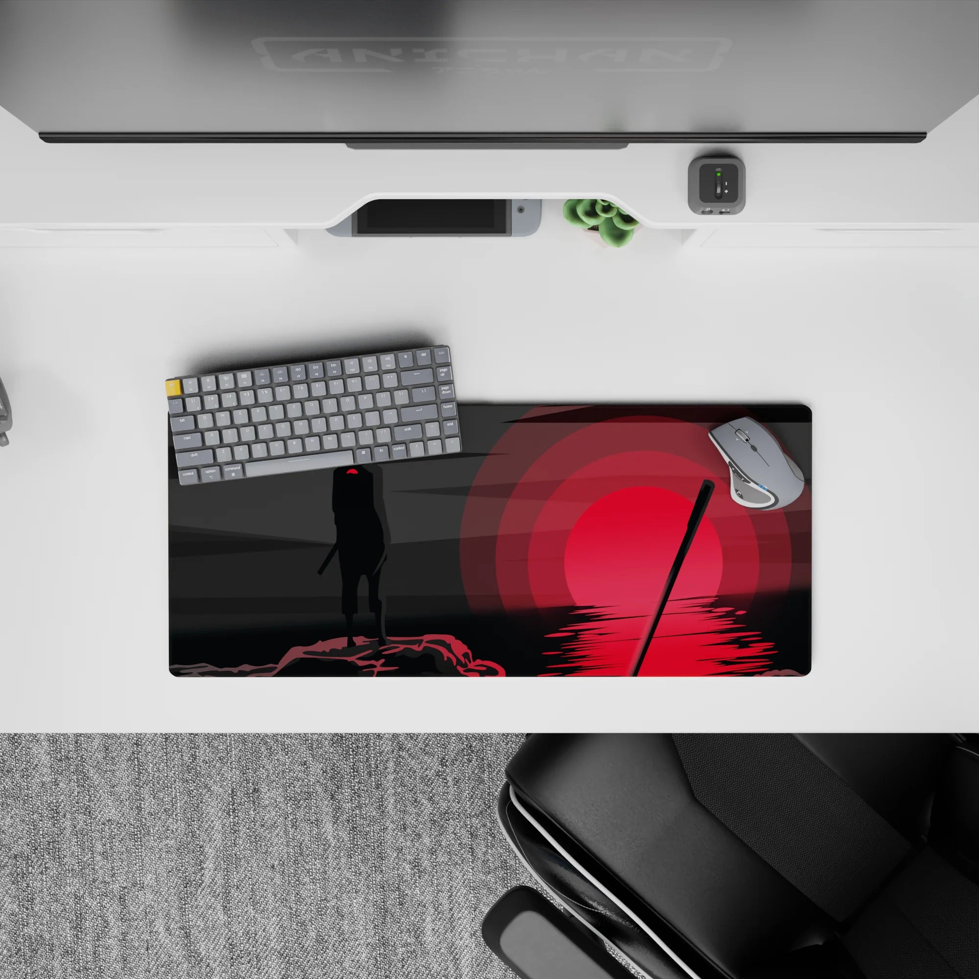 28x12 inches anime mouse pad in smoky blacks and deep grays with a glowing red sun reflection, moody art.