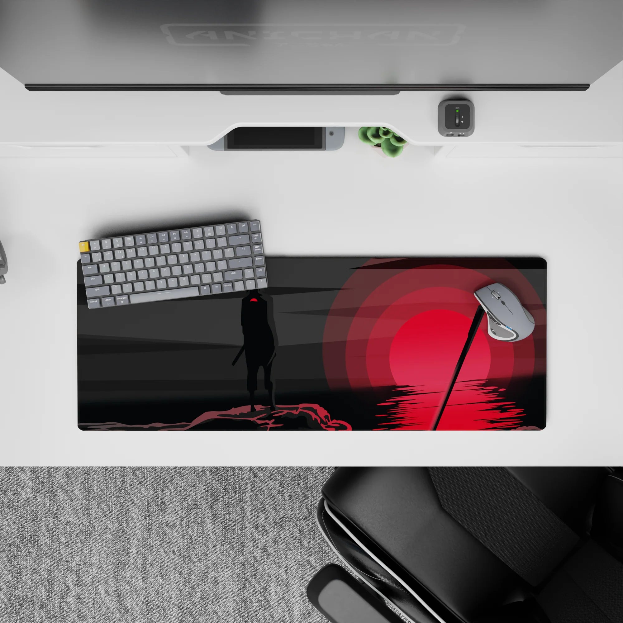 32x12 inches anime mouse pad in smoky blacks and deep grays with a moody red sun glow over water.