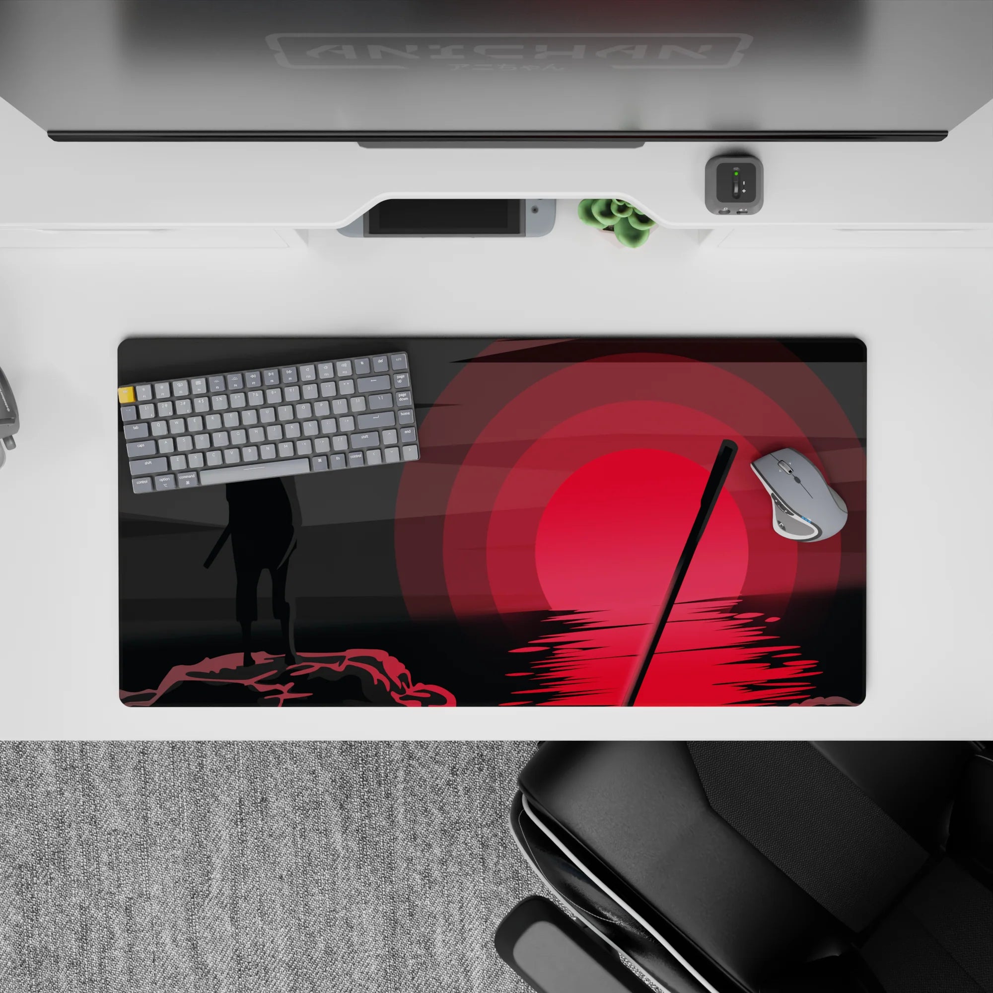 32x16 inches anime desk mat in smoky blacks and deep grays, moody red glow across the water.