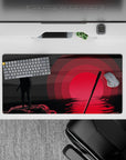 32x16 inches anime desk mat in smoky blacks and deep grays, moody red glow across the water.