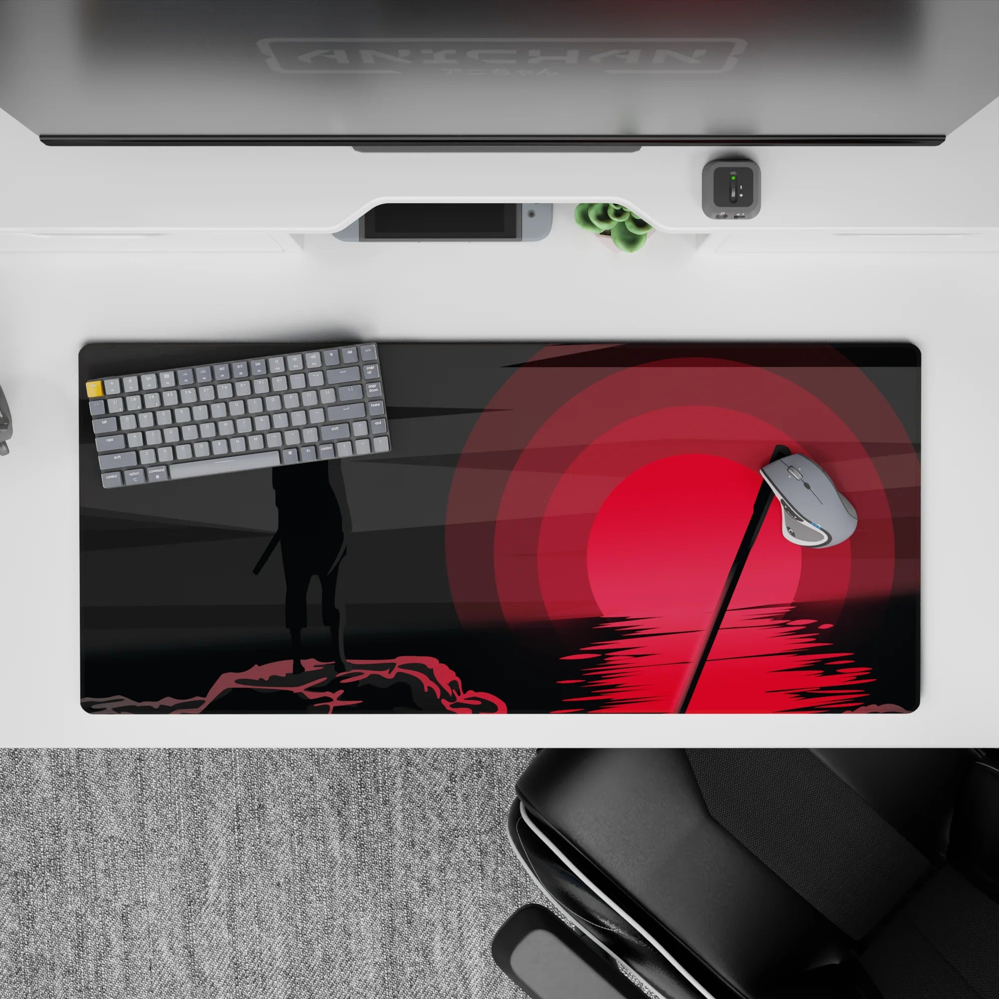 36x16 inches anime desk pad in smoky blacks and deep grays, crimson glow reflection, moody night vibe.