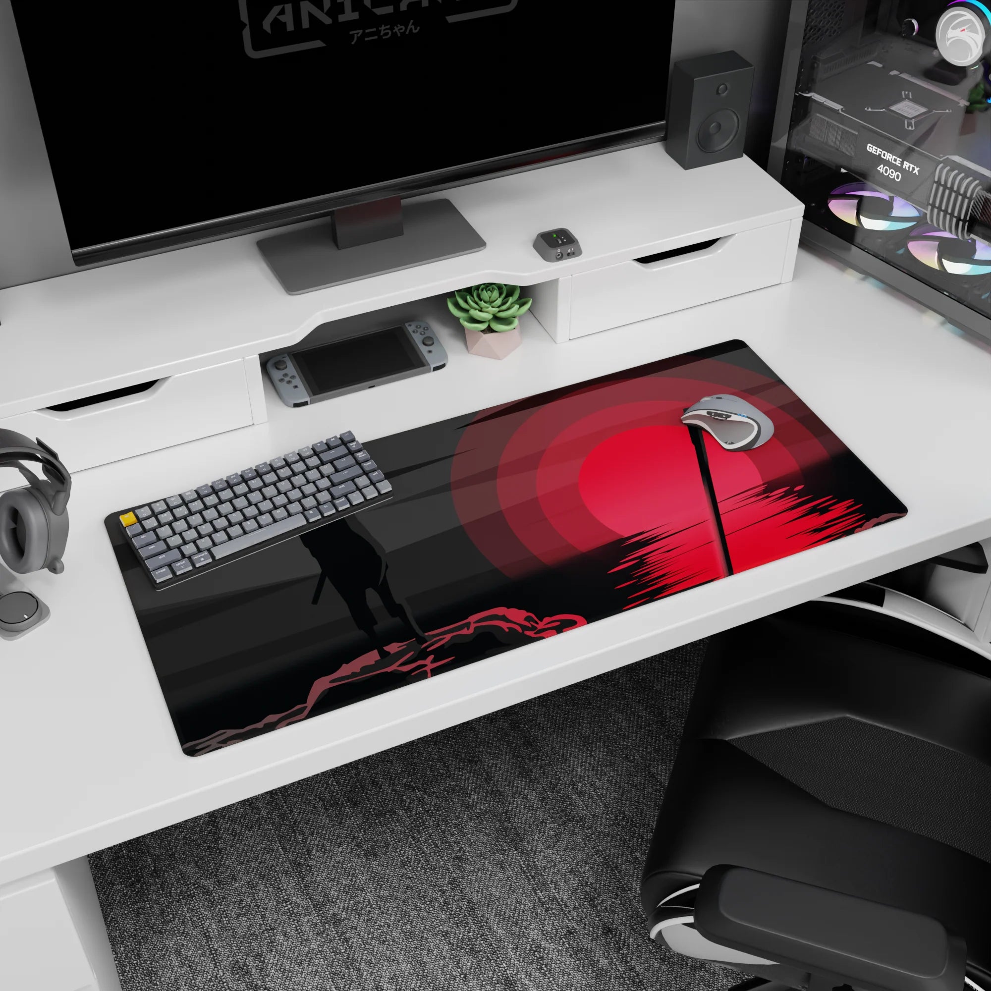 36x16 inches Naruto desk pad showing Sasuke Uchiha with a lone blade beneath a huge red sun.