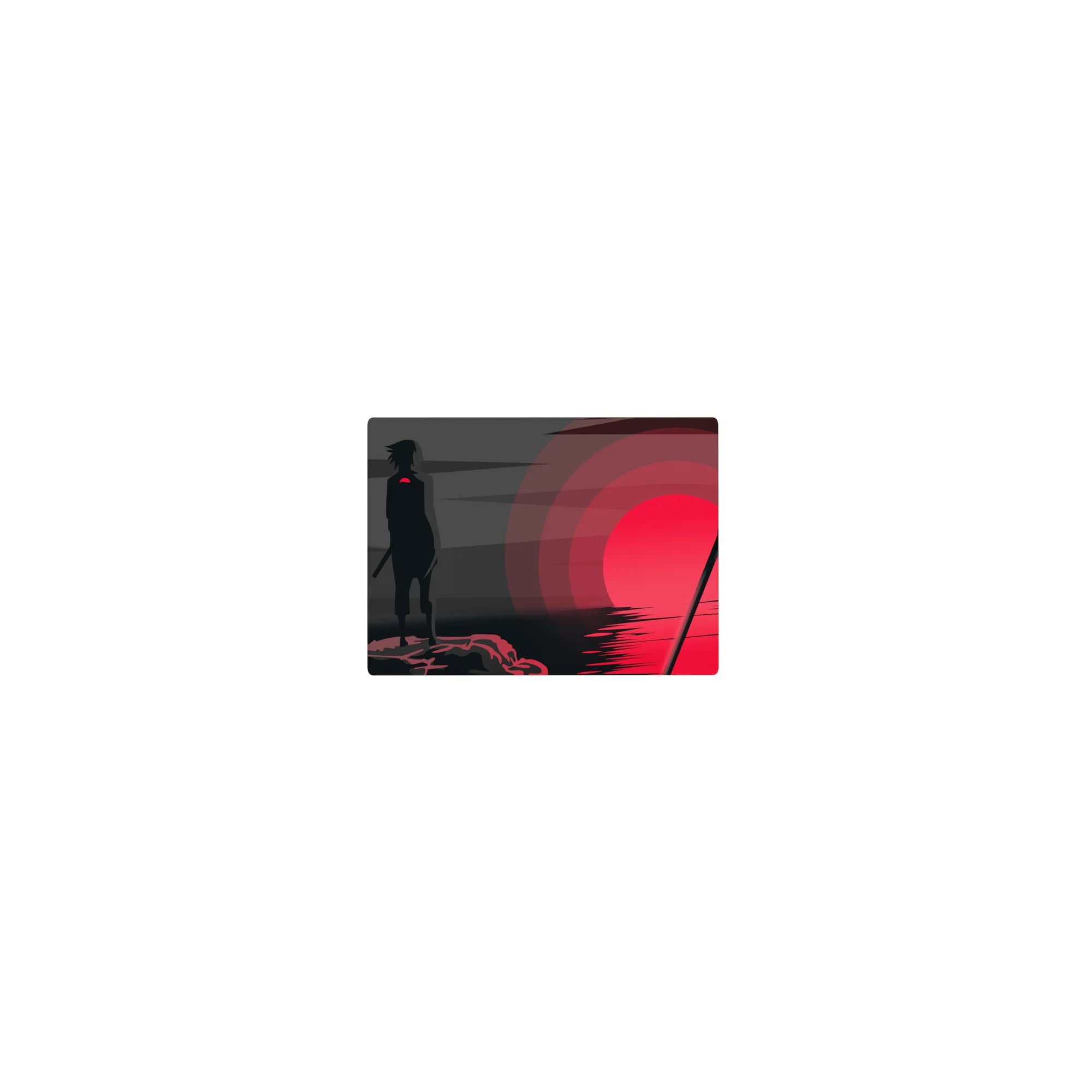 14x10 inches classic anime mouse pad with Sasuke silhouette by a crimson sun over rippling water.
