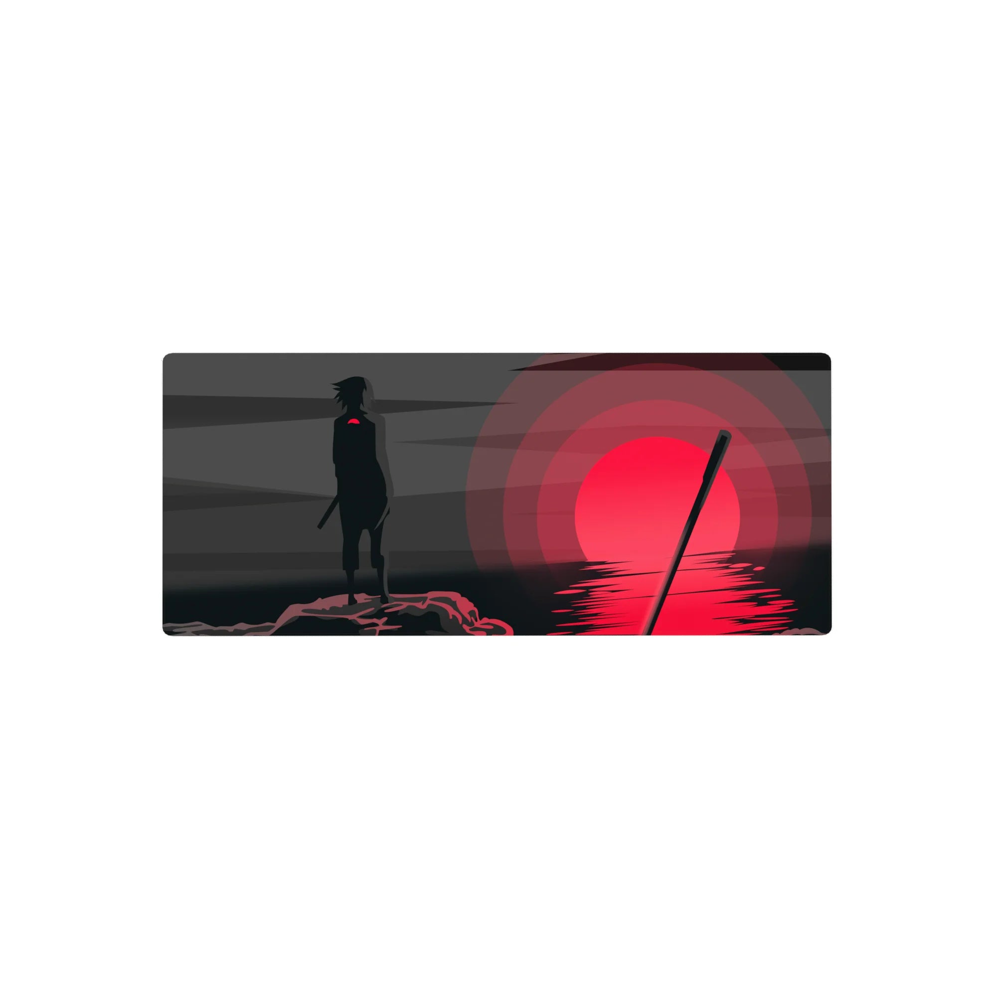 28x12 inches anime mouse pad with Sasuke silhouette before a crimson sun, minimal Naruto-inspired desk mat.