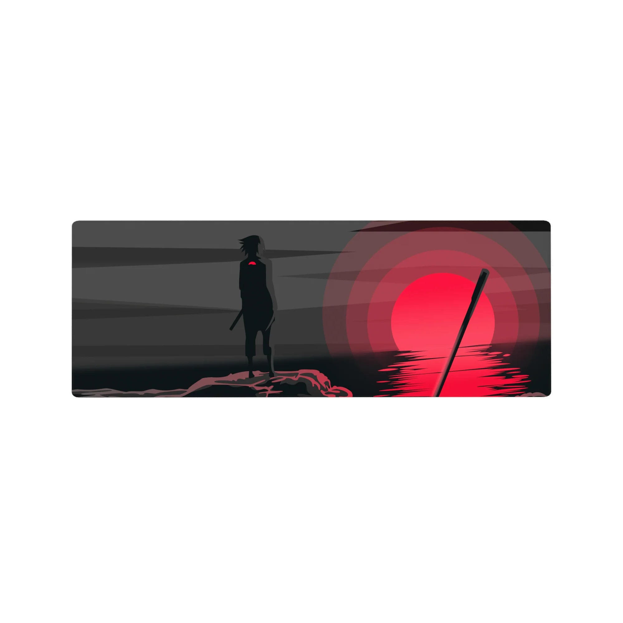 32x12 inches anime mouse pad with Sasuke silhouette before a huge crimson sun and minimalist blade scene.