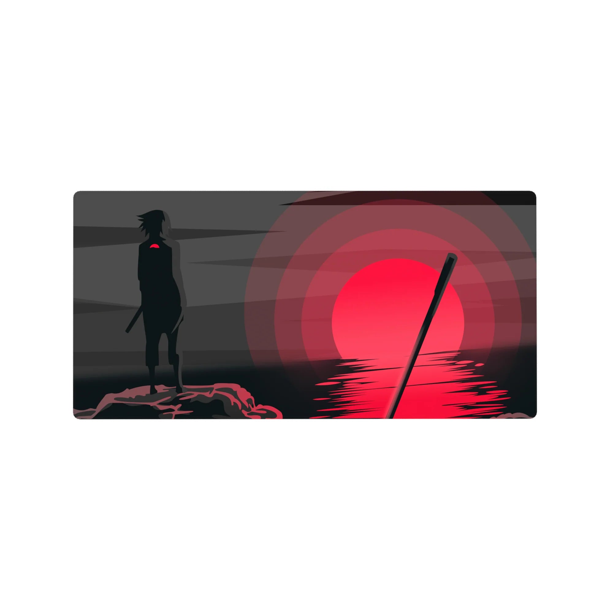 32x16 inches anime mouse pad with minimalist Sasuke silhouette, crimson sun, and water reflection.