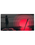 32x16 inches anime mouse pad with minimalist Sasuke silhouette, crimson sun, and water reflection.