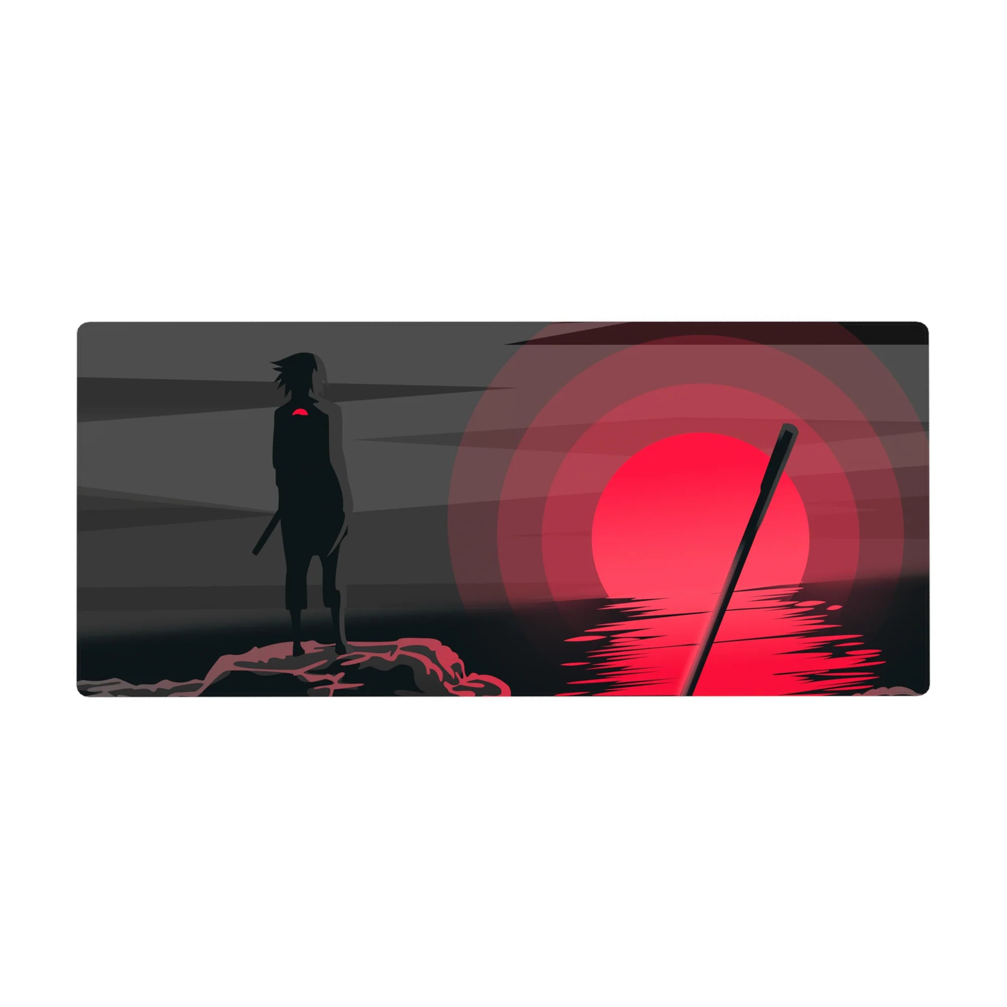 36x16 inches anime desk pad with minimalist Sasuke silhouette by a crimson sun over rippled water.