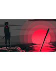 40x20 inches anime desk pad with Sasuke silhouette before a crimson sun, minimalist Naruto-inspired art.