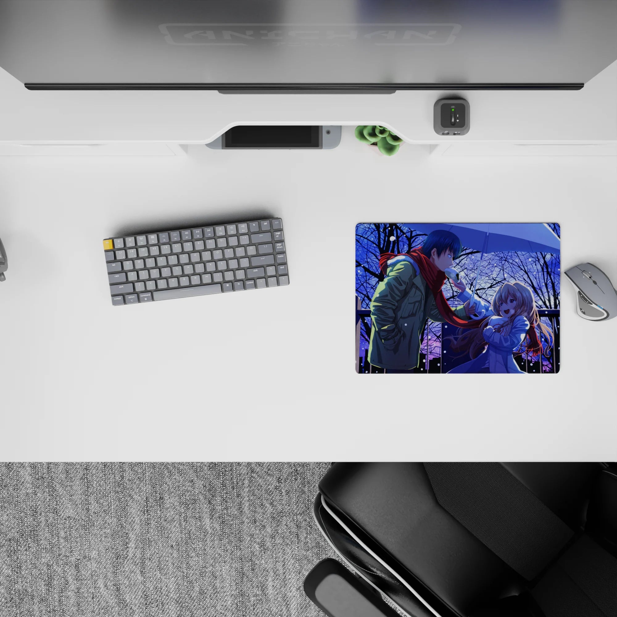Midnight-blue winter anime mouse pad 14x10 inches, soft gradients, glittering snow, cozy romance vibe.