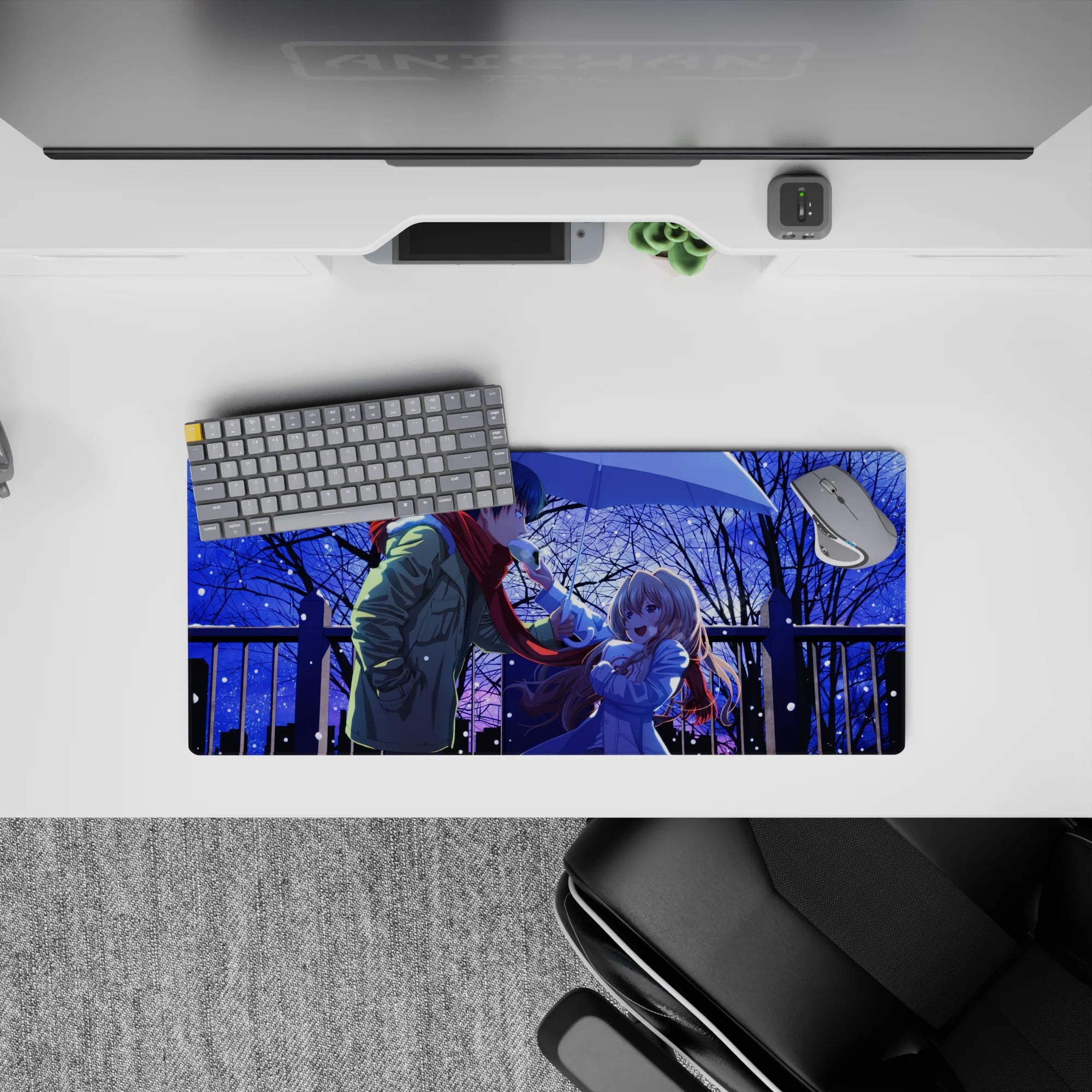 28x12 inches anime mouse pad in deep midnight blues, soft gradients, cozy romantic winter mood.