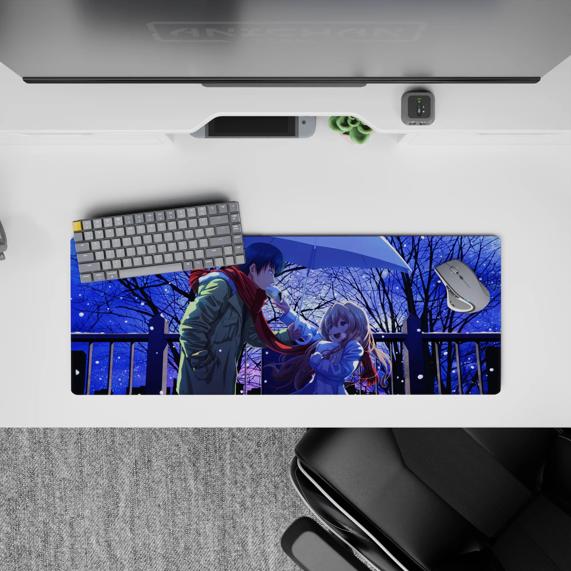32x12 inches anime mouse pad in deep midnight blues with soft gradients, glittering snow, cozy romance.