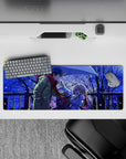32x12 inches anime mouse pad in deep midnight blues with soft gradients, glittering snow, cozy romance.