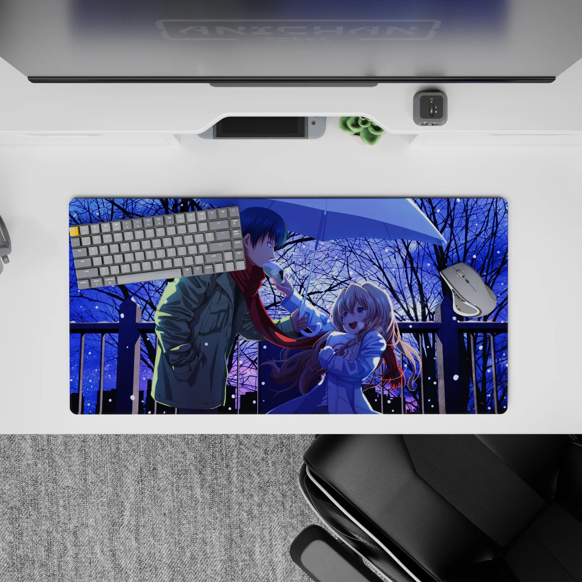 32x16 inches anime mouse pad in deep midnight blues with glittery snow, crisp lines and soft gradients.