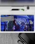 32x16 inches anime mouse pad in deep midnight blues with glittery snow, crisp lines and soft gradients.