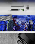 36x16 inches anime desk pad in deep midnight blues, snowy glitter, black branches, cozy romantic mood.