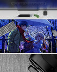 40x20 inches anime desk pad in deep midnight blues, soft snow sparkle, cozy romantic mood, red scarf pop.