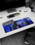 32x12 inches anime mouse pad showing blonde girl smiling at calm boy in long coat under umbrella, snow falling.