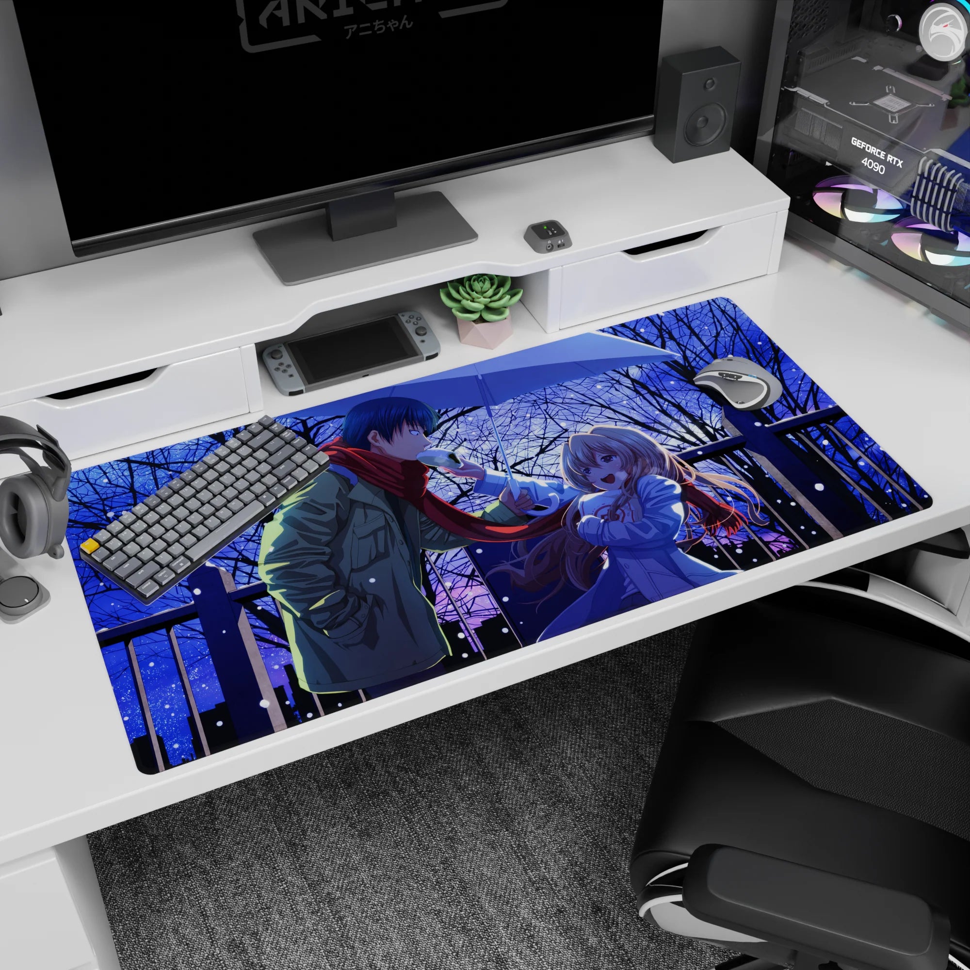 40x20 inches anime desk pad showing lovers sharing an umbrella in falling snow, blonde girl smiling at him.