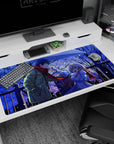 40x20 inches anime desk pad showing lovers sharing an umbrella in falling snow, blonde girl smiling at him.