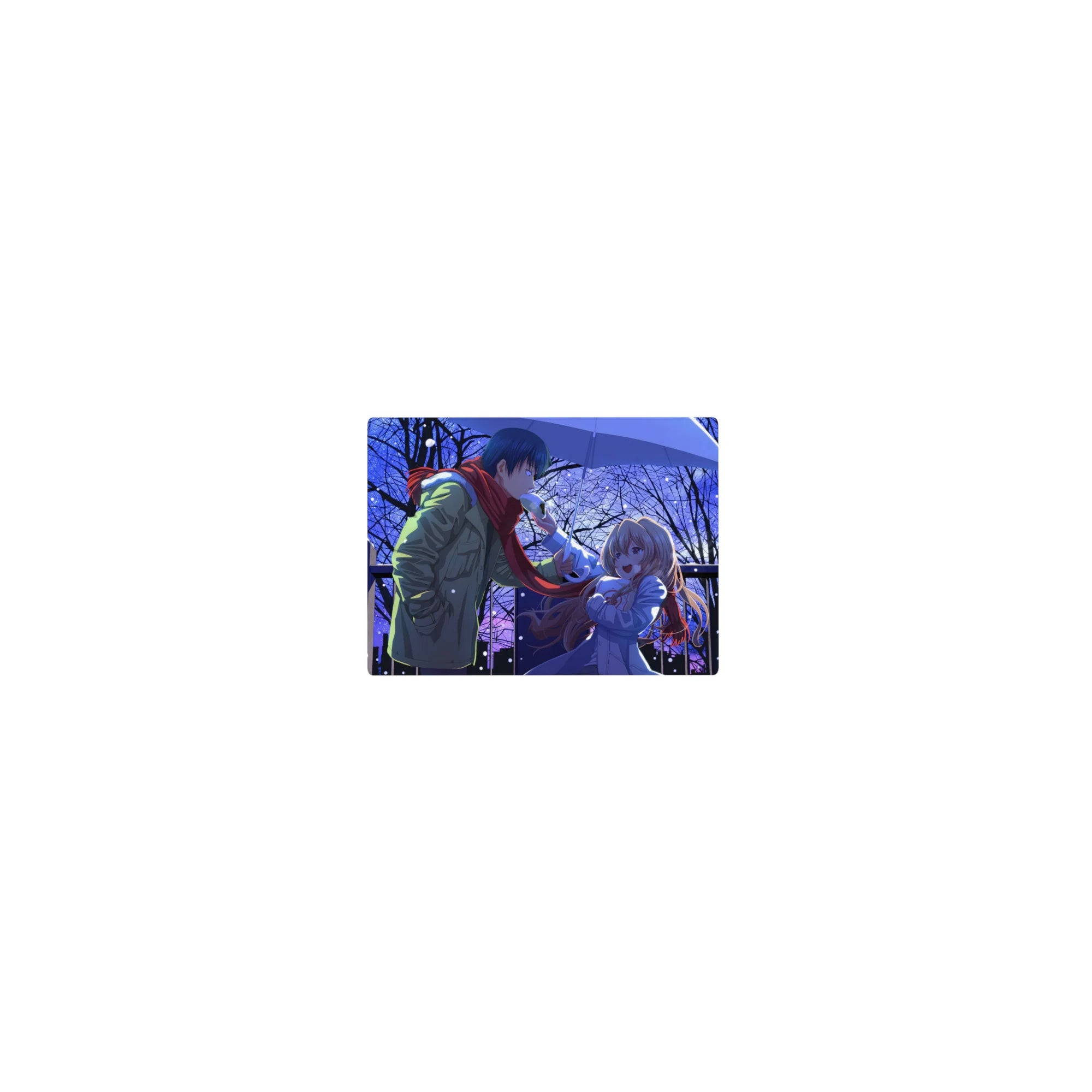 Classic anime mouse pad 14x10 inches with couple under umbrella in snowy city night, red scarf accent.