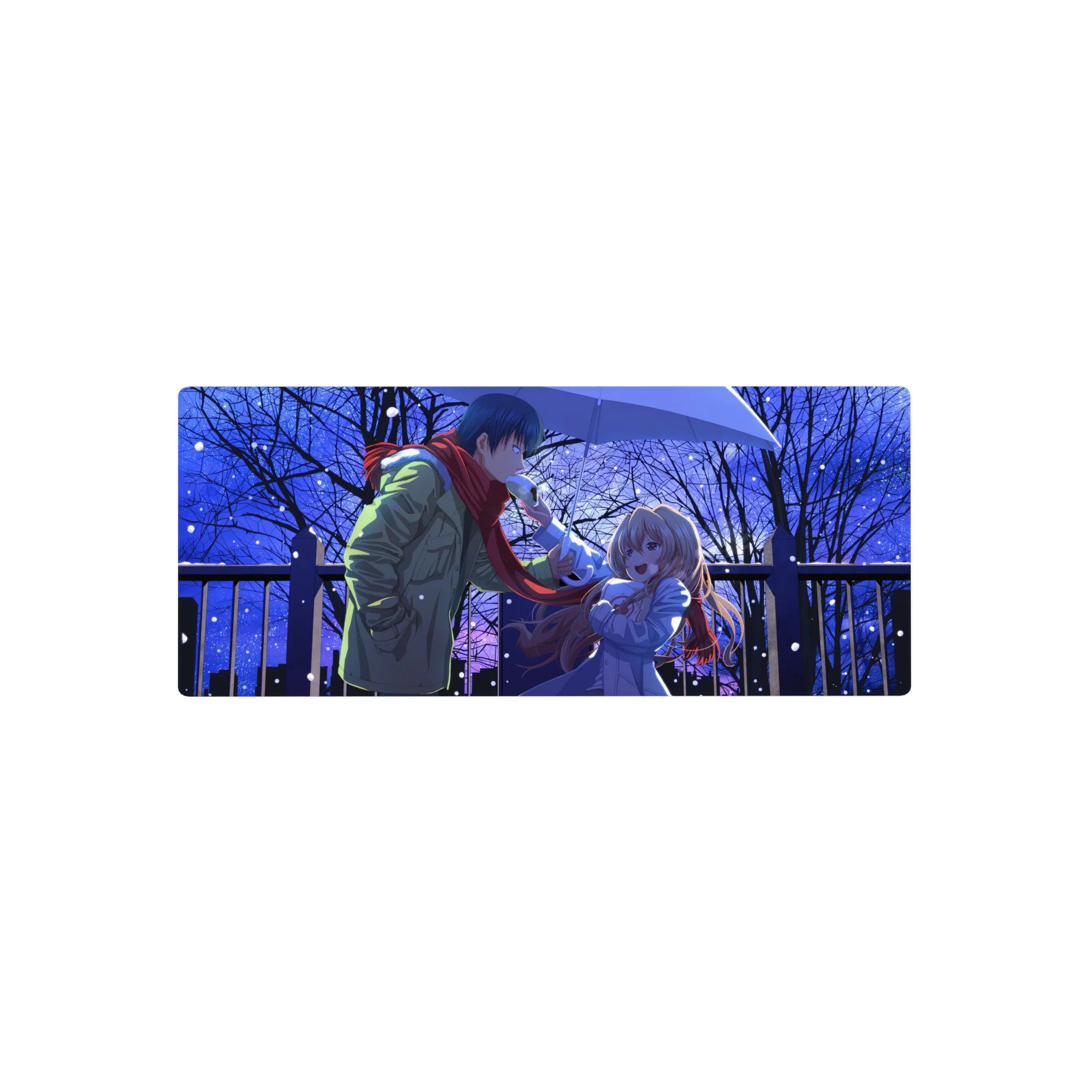 28x12 inches anime mouse pad with couple under umbrella in snowy city night, red scarf focal point.