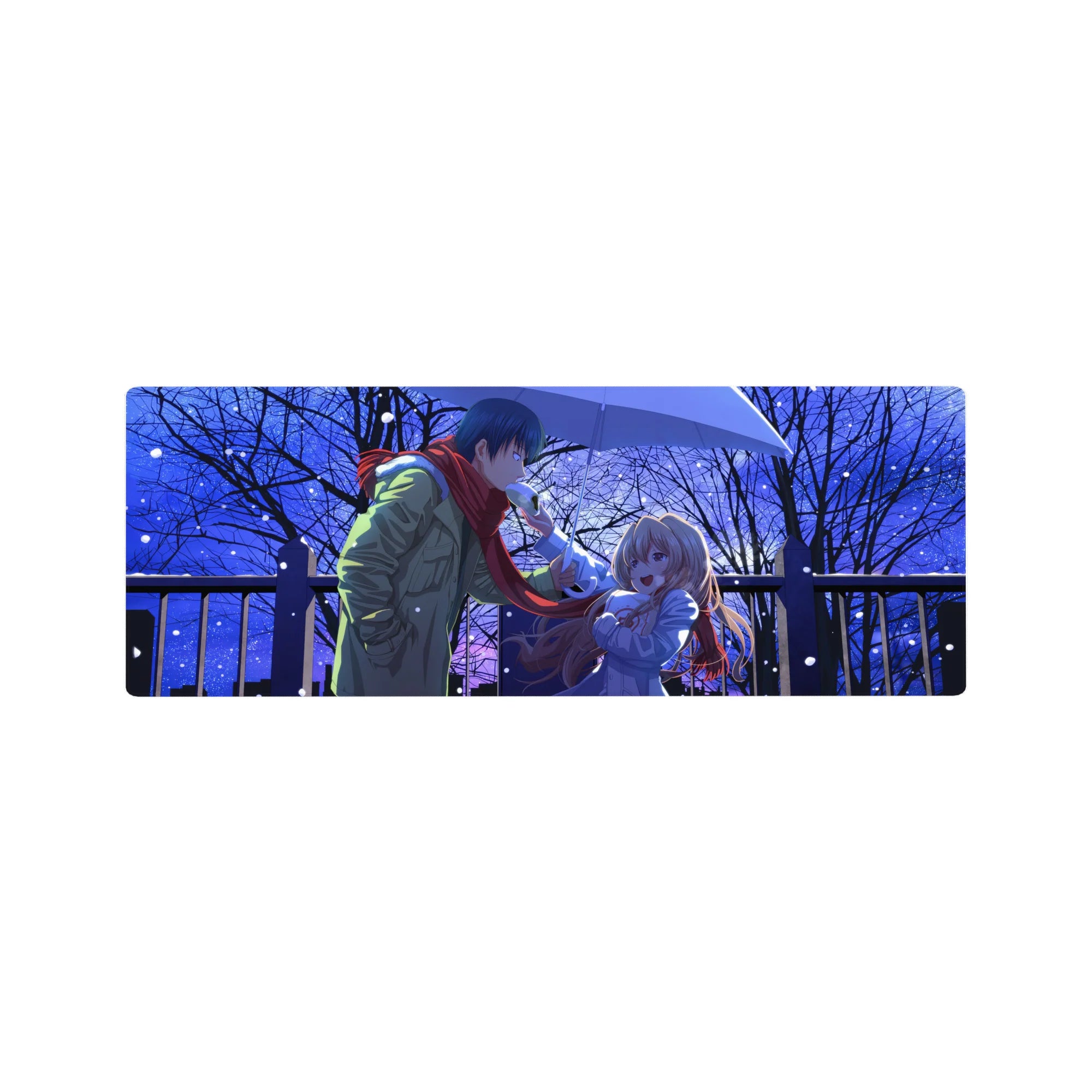 32x12 inches anime mouse pad with couple under one umbrella in snowy city night, red scarf focal point.