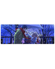 32x12 inches anime mouse pad with couple under one umbrella in snowy city night, red scarf focal point.