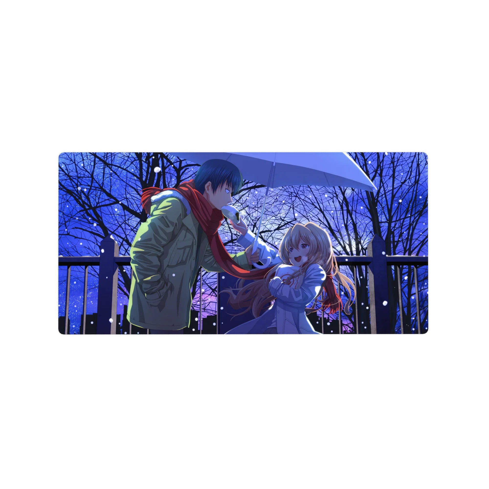 32x16 inches anime mouse pad with couple under umbrella in snowy city night, red scarf focal point.